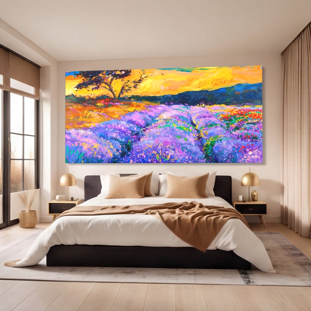 Tablou canvas cu pictura camp de lavanda la apus, fara rama, pe sasiu de lemn, pe perete intr-un dormitor